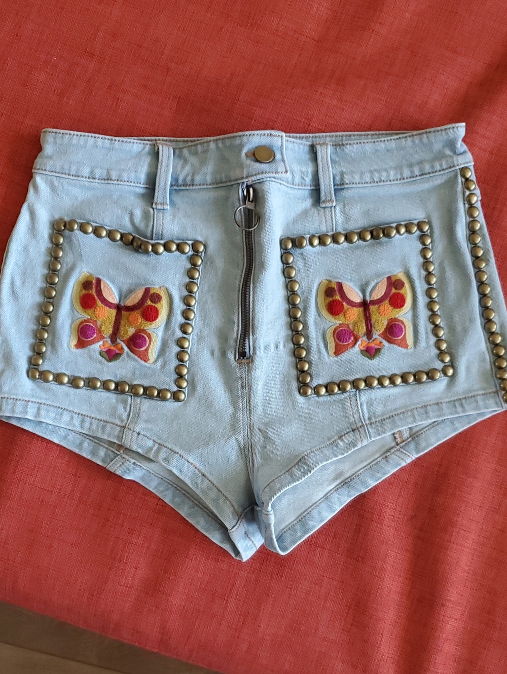 New Stoned Immaculate Embroidered Butterfly Light Blue Studded Denim Shorts 29